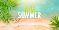 Hello Summer banner template.Top view of the sea wave, starfish and tropical leaves.Beautiful background with seashells Royalty Free Stock Photo