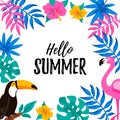 Hello Summer banner with toucan, flamingo and tropical leaves and flovers. Vector illustration with hand drawn elements