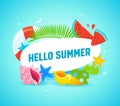 Hello Summer Banner with Typography and Summertime Items as Palm Leaves, Starfish, Lifebuoy, Watermelon Pieces