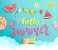 Hello summer 2020 banner wih hot season elements.