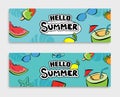 Hello summer banners design hand drawn style. Summer with doodles and objects elements for beach party background Royalty Free Stock Photo