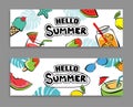 Hello summer banners design hand drawn style. Summer with doodles and objects elements for beach party background Royalty Free Stock Photo