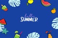 Hello summer banners design hand drawn style. Summer with doodles and objects elements for beach party background Royalty Free Stock Photo