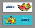 Hello summer banners design hand drawn style. Summer with doodles and objects elements for beach party background Royalty Free Stock Photo