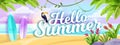 Hello summer beach landscape, tropical exotic seashore background, toucan, surfboard, palm leaf, flowers.