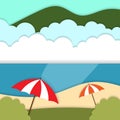 Hello Summer Beach paper cut background vector,ocean view umbrella paper art style for template Royalty Free Stock Photo