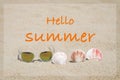 Hello summer on beach sand with sunglasses and seashell background, summer holiday vacation banner Royalty Free Stock Photo