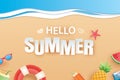 Hello summer beach top view travel and vacation background. Use for banner template, greeting card, invitation, wave and sand Royalty Free Stock Photo