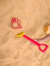 Hello summer. Summer beach toys in the sand Royalty Free Stock Photo
