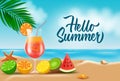 Hello summer beach vector design. Hello summer text with foods, drinks and tropical fruit elements of orange, water melon, lemon.