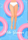 Hello summer. Beautiful female legs on pink pool float. woman body shape in bikini. Vector. Summer holidays concept. Relaxati