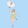 Hello summer - Beautiful girl walking with umbrella, Girl enjoying the summer, illustration on isolated background