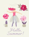 Hello, summer! Beautiful vertical card with fairy ballerina, red rose and flowers in flowerpots isolated