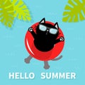 Hello Summer. Black cat floating on red air pool water circle. Sunglasses. Lifebuoy. Palm tree leaf. Cute cartoon relaxing charact Royalty Free Stock Photo