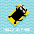 Hello Summer. Black cat floating on yellow air pool water mattress. Cute cartoon relaxing character. Sunglasses. Sea Ocean water w Royalty Free Stock Photo