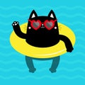 Hello Summer. Black cat kitten floating on yellow pool float water circle. Paw print hand. Swimming pool sea ocean water. Heart