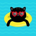 Hello Summer. Black cat kitten floating on yellow pool float water circle. Top air view. Swimming pool sea ocean water. Heart Royalty Free Stock Photo