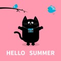 Hello summer. Black cat. Photo camera, bird, branch. Cute cartoon character. Greeting card. Funny pet animal collection. Flat desi