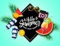 Hello summer in black frame vector banner template. Hello summer text with beach and tropical fruits element like flip flop. Royalty Free Stock Photo