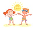 Hello Summer. Boy and girl sunbathe on the beach standing Royalty Free Stock Photo