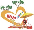 Hello summer . Bright summer background. In the foreground smiling girl in a swimsuit under an umbrella, poster design.