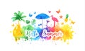 Hello summer bright rainbow banner, postcard. Watercolor splash background and summer silhouettes of palm tree, flamingo Royalty Free Stock Photo