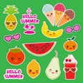 Hello Summer bright tropical card banner design, fashion patches badges stickers. Persimmon, pear, pineapple, cherry smoothie, ice