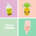 Hello Summer bright tropical card banner design, fashion patches badges stickers. pineapple, smoothie cup, ice cream, bubble tea.