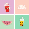 Hello Summer bright tropical card banner design, fashion patches badges stickers. watermelon, bubble tea, cherry smoothie cup,