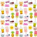 Hello Summer bright tropical seamless pattern design, fashion patches badges stickers. Pineapple, bubble tea cup, ice cream, sun,