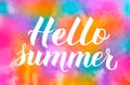 Hello summer calligraphy lettering on colorful watercolor background. Seasonal typography poster. Hand written logo design. Vector Royalty Free Stock Photo