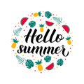 Hello summer calligraphy lettering with watermelons, pineapples and palm leaves. Seasonal typography poster. Hand written logo