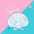 Hello summer card banner. scallop is a marine bivalve mollusc of the family Pectinidae Unique museum sea shell sea snail. Sketch