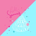 Hello summer card banner. Unique museum sea shell sea snail. Sketch contour on pink blue background. Vector