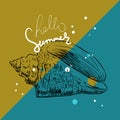 Hello summer card banner. Volutidae, common name volutes, are a taxonomic family of predatory sea snails. Sketch contour on teal Royalty Free Stock Photo