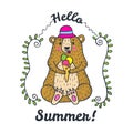 Hello Summer card with bear character and ice cream. Royalty Free Stock Photo