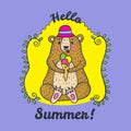 Hello Summer card with bear character and ice cream. Royalty Free Stock Photo