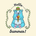 Hello Summer card with bear character and ice cream. Royalty Free Stock Photo