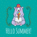 Hello Summer card with bear character and ice cream. Royalty Free Stock Photo