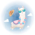 Hello Summer card. Cute Llama design floating in the sky Royalty Free Stock Photo