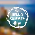 Hello Summer card design, banner template Beach mountain island on blue waves sea ocean blur background, white green blue. Vector Royalty Free Stock Photo