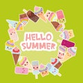 Hello Summer Card design for your text. round frame, wreath. cupcakes, ice cream in waffle cones, ice lolly Kawaii with pink cheek Royalty Free Stock Photo