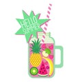 Hello summer card. Fresh smoothie and fruits on white background. Royalty Free Stock Photo