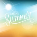 Hello Summer card. Hand drawn lettering text design with blurred summer beach background.