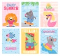 Hello summer cards with cartoon animals on beach vacation. Cute flamingo. Eating watermelon, sunbathing and surfing, fun Royalty Free Stock Photo