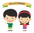 Hello Summer cartoon boy and girl with hands up Royalty Free Stock Photo