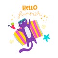 Hello summer. cartoon cat, hand drawing lettering, decor elements. Summer colorful illustration for kids, flat style.