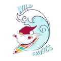 Hello summer cartoon cute gnome is surfing. Lettering wild waves Royalty Free Stock Photo