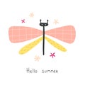 Hello summer. Cartoon dragonfly, hand drawing lettering, decor elements. colorful vector illustration, flat style.