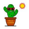 Hello, Summer. Cartoon emoticon cactus with sunglasses and sun. Vector